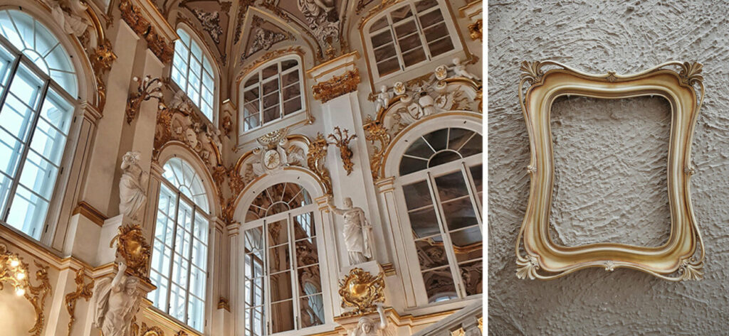Esszimmer Deko Ideen im Barock-Stil mit verschnörkelten Ornamenten, weißen Tischsets und luxuriösen Akzenten, Wunschleder