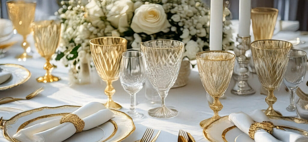 Opulente Tischdeko Trends 2025 mit Barock-Elementen in Gold, Marmor und üppiger Blumendeko – Interiortrend für elegante Dinner, Wunschleder